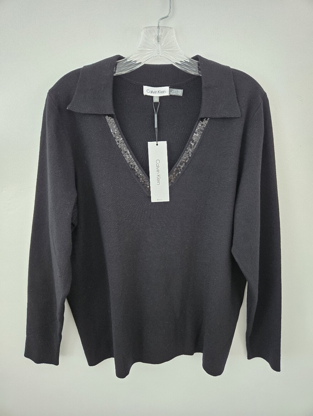 Calvin Klein V-Neck Sequin Trim Polo Sweater. Black. Size 1X.